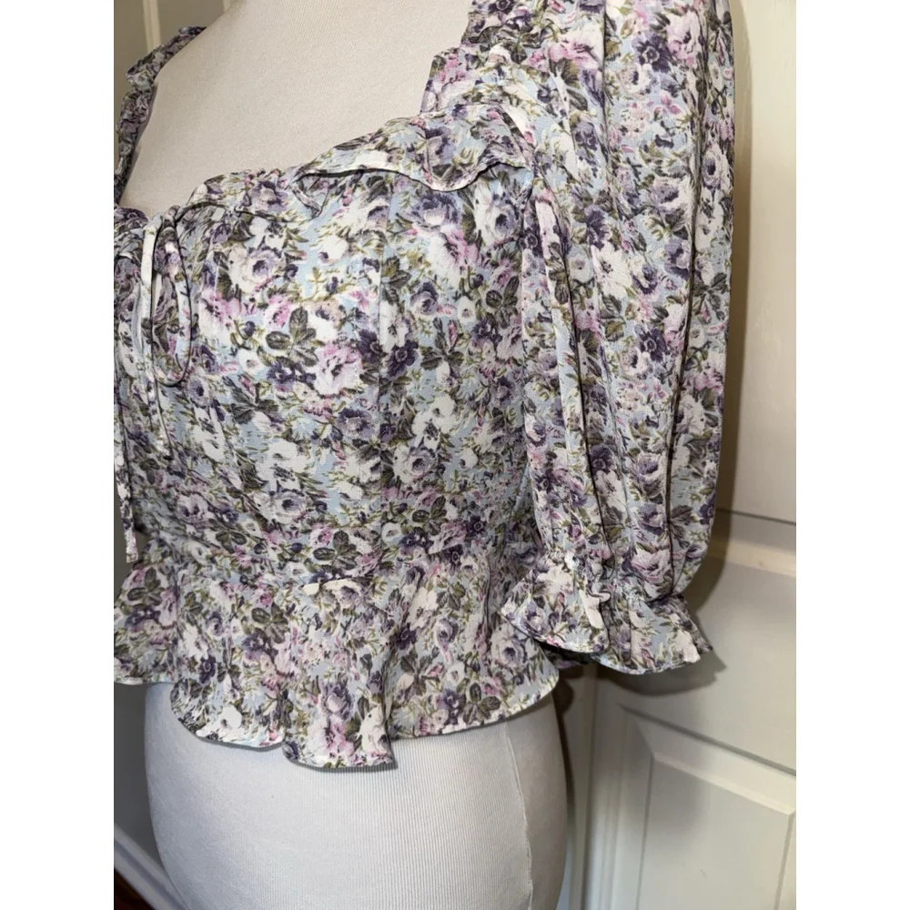 ASTR The Label Blue Ditsy Floral Corset Peplum Blouse Cottagecore Romantic Top S